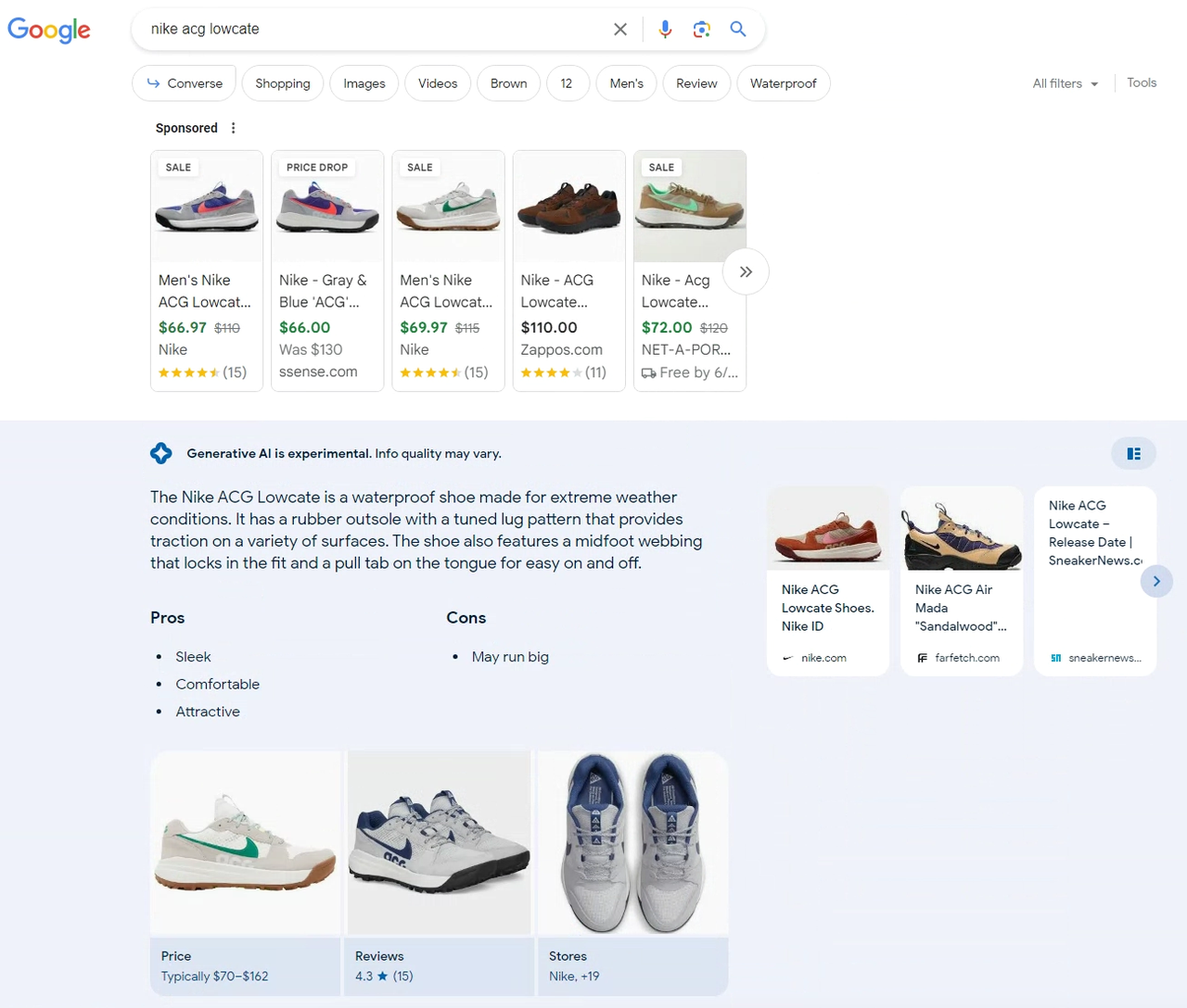Google's Generative AI showing shopping results for Nike ACG Lowcate trainers. The results include some extra information about the trainer's features.