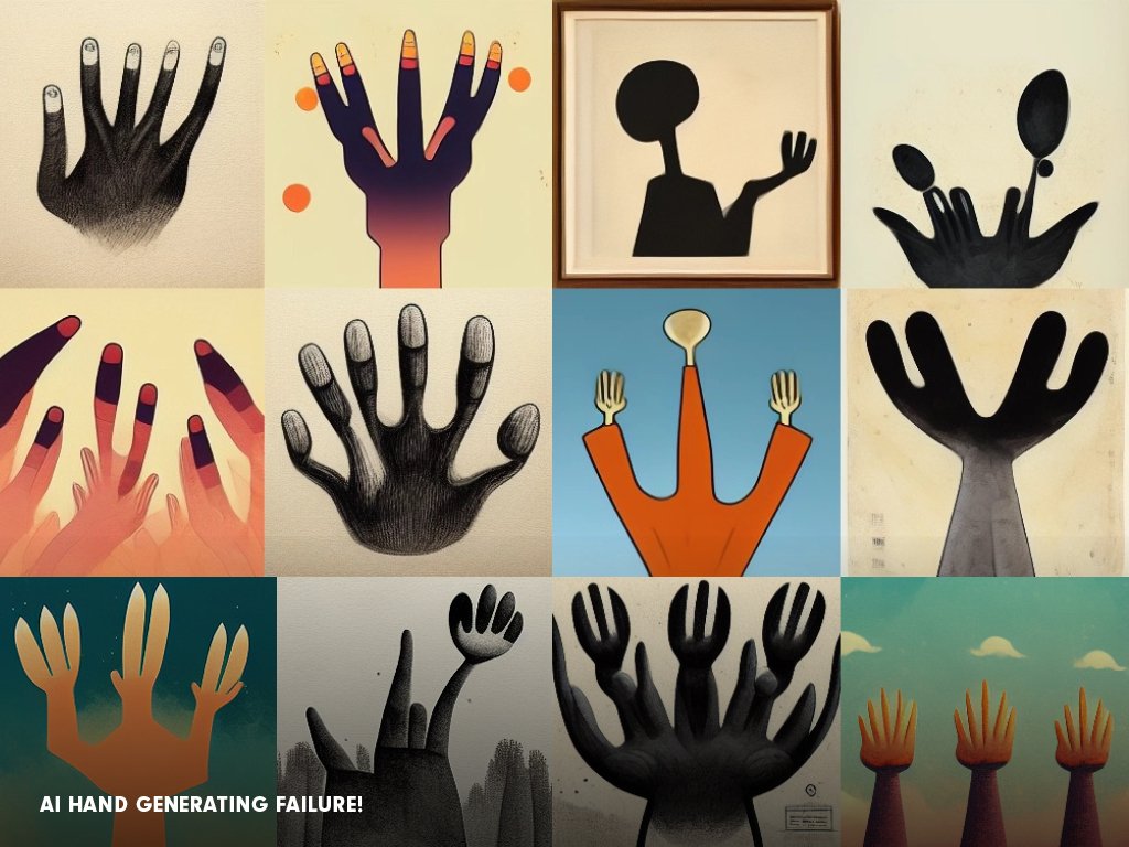A collage of AI-generated images of hands, each one in a surreal style
