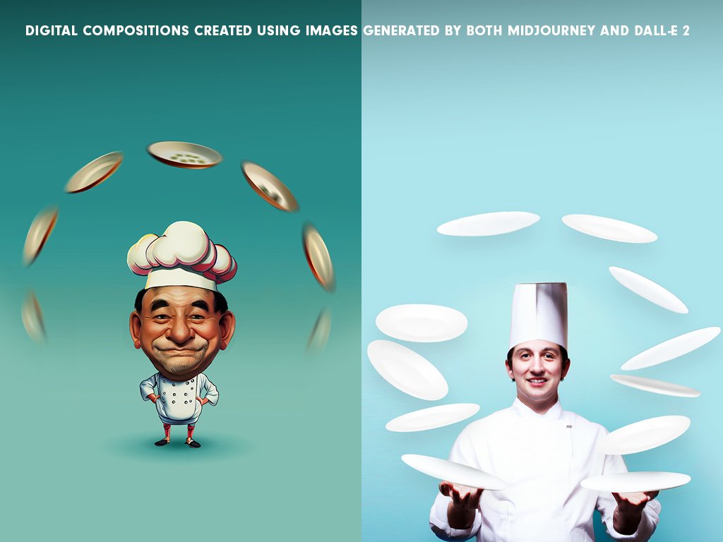 Two AI-generated posters of chefs juggling plates. On the left, a cartoon-style chef, and in the image on the right, a more realistic one