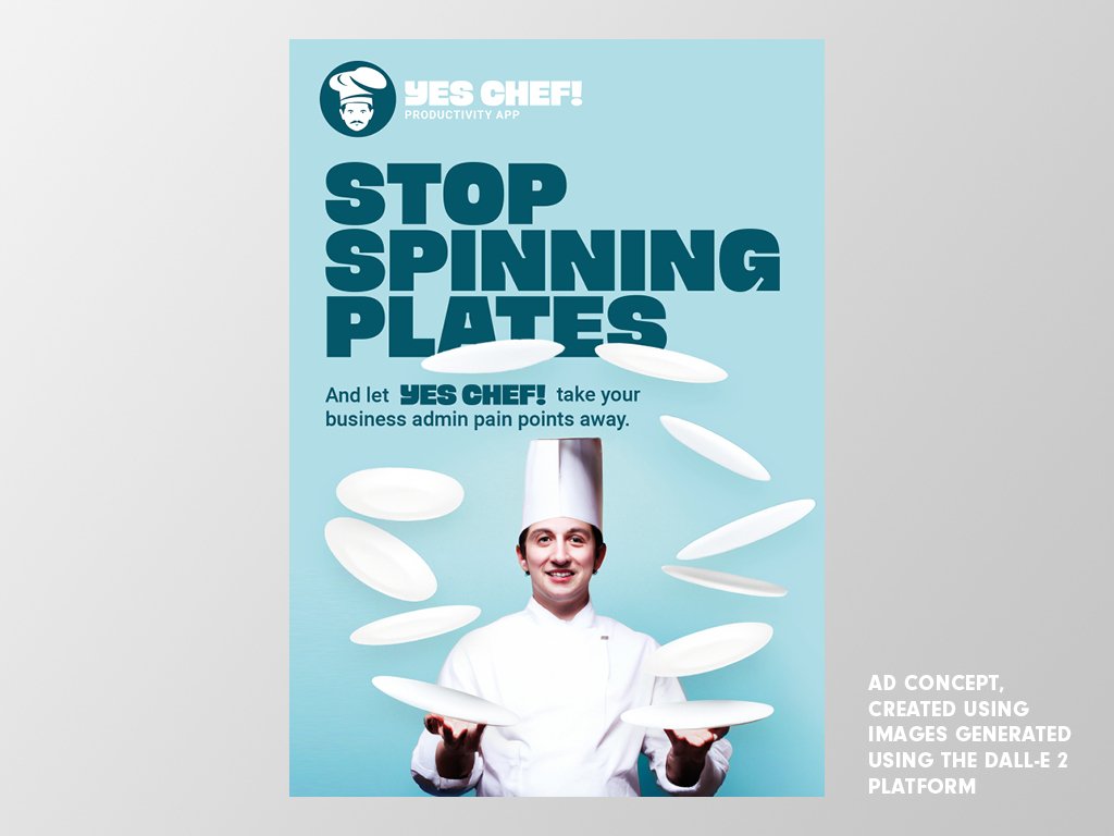 An AI-generated poster showing a realistic-looking chef on a light blue background, juggling plates. The title reads 'Stop Spinning Plates' in capital letters in a darker blue font. The logo for the fictional app 'Yes Chef' sits at the top.