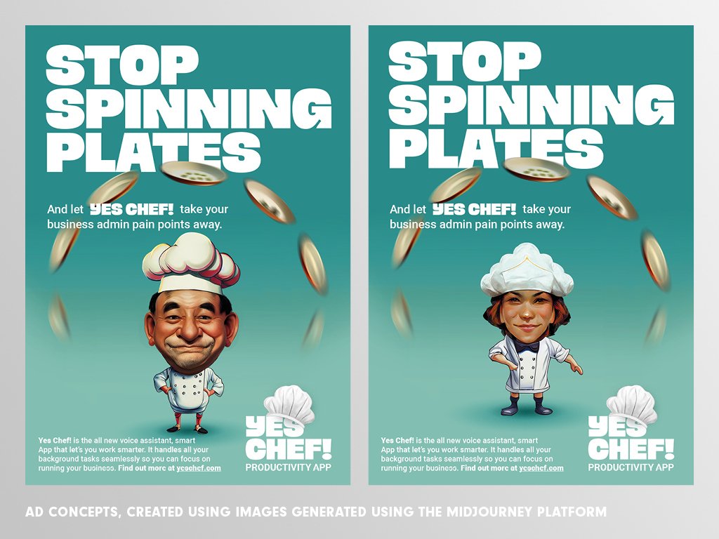 Two AI-generated posters of cartoon-style chefs, with the title 'Stop Spinning Plates' in capital letters and small print at the bottom to give the poster a more authentic look.