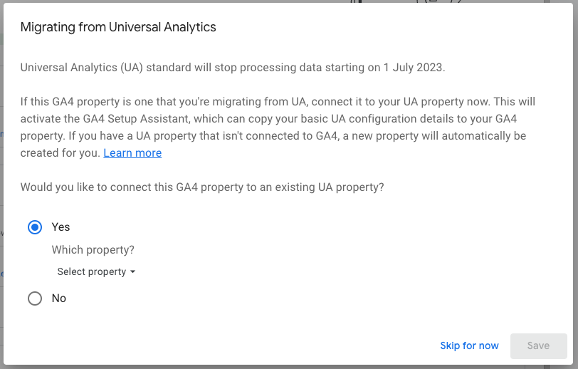 A screenshot showing an informational message about migrating to GA4 from Universal Analytics.