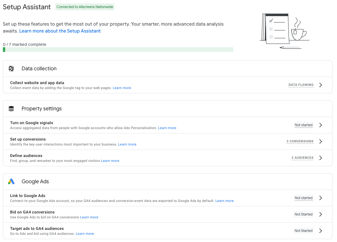 A screenshot showing a 'Setup Assistant'. It is split into three categories; Data Collection, Property Settings and Google Ads.