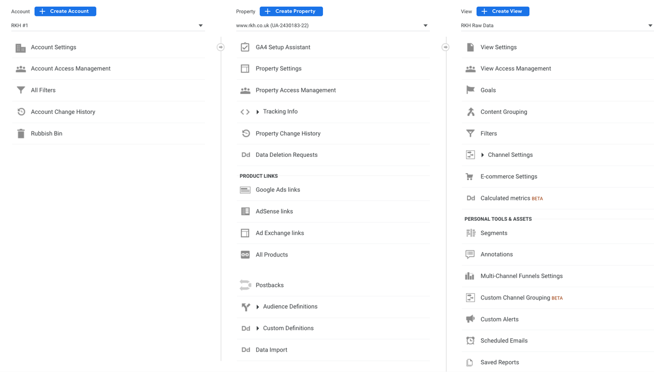 Universal Analytics admin interface with a view column.