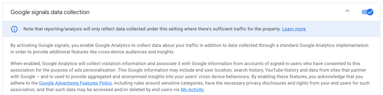 A screenshot of a paragraph describing how Google signals collects data.