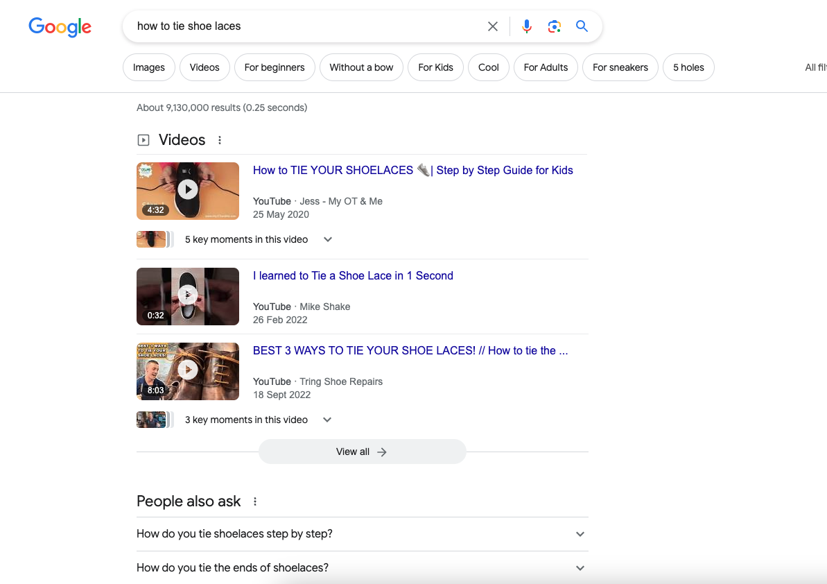 The SERPs for the query "how to tie shoelaces"