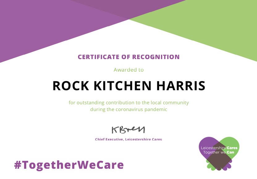 Leicestershire Cares certificate for Rock Kitchen Harris