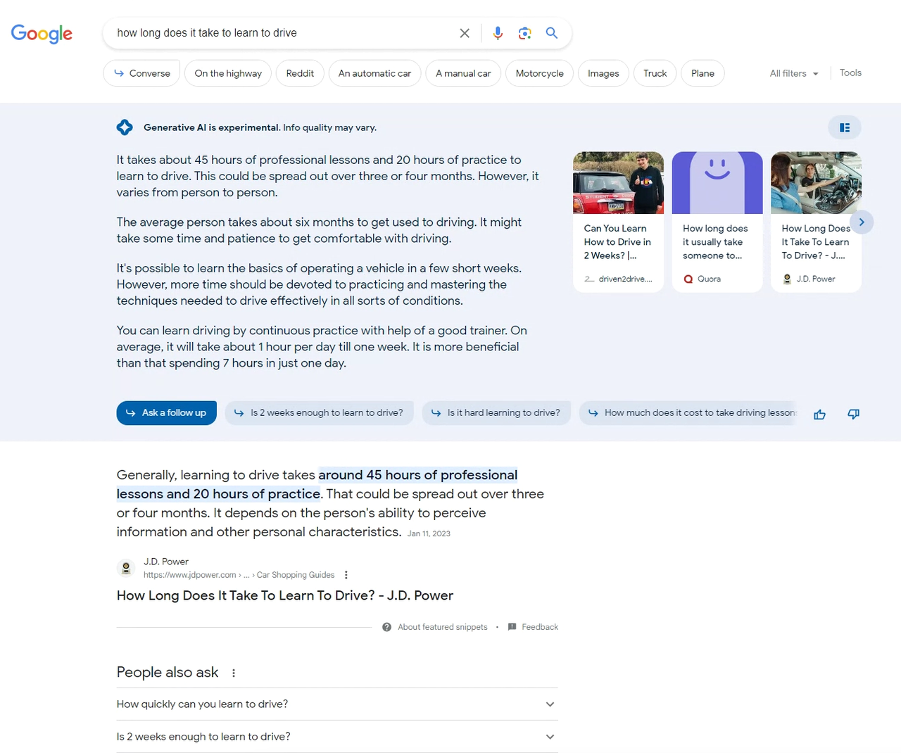 A screenshot of Google's Generative AI answering the question "how long does it take to learn to drive?"