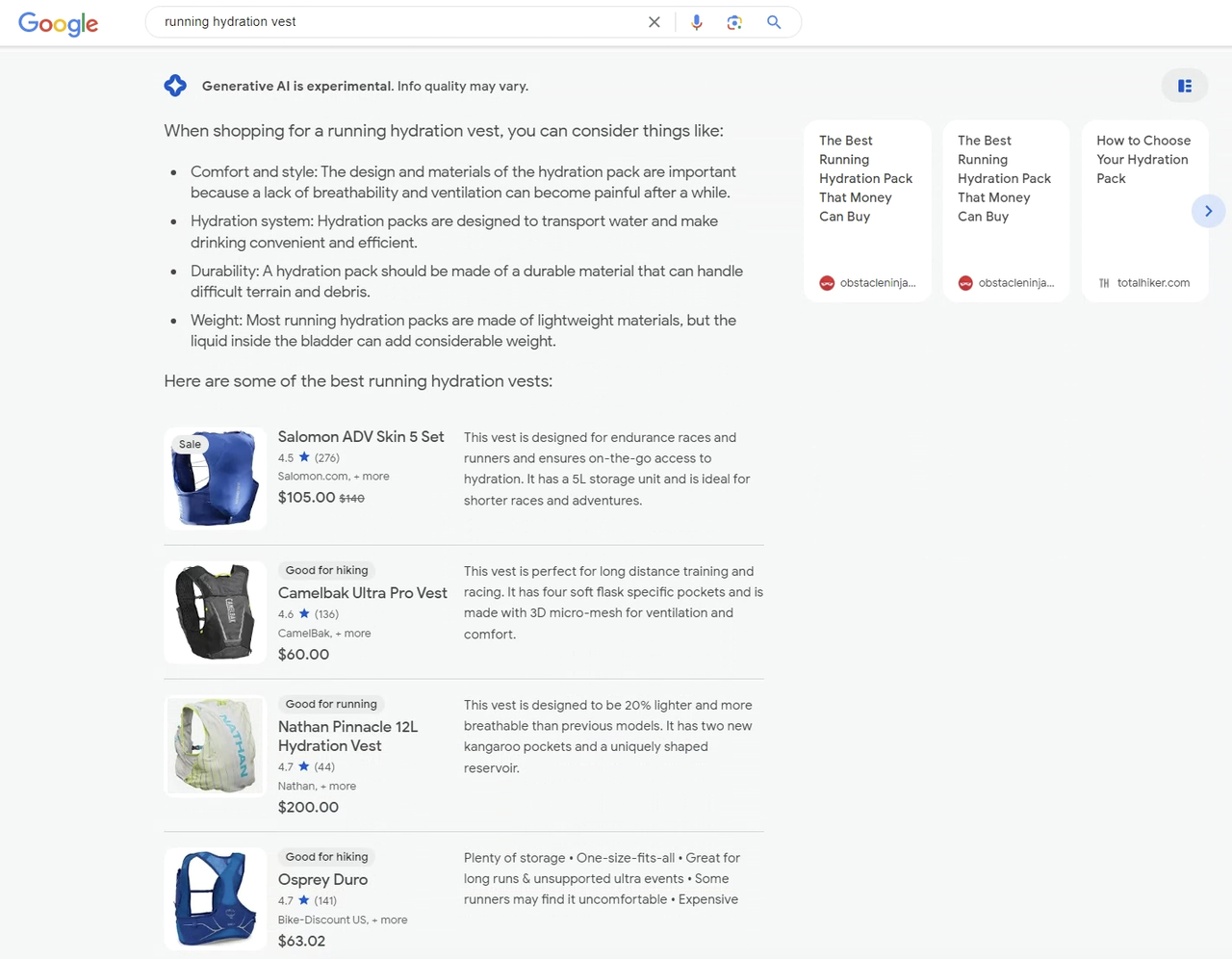 Google Shopping results for running hydration vests. Google's Generative AI has provided further information about things to consider when purchasing a hydration vest.