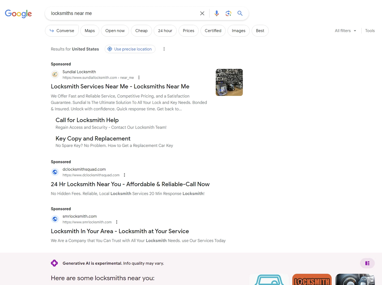 Google's Generative AI makes some suggestions as an answer to the search term "locksmiths near me"