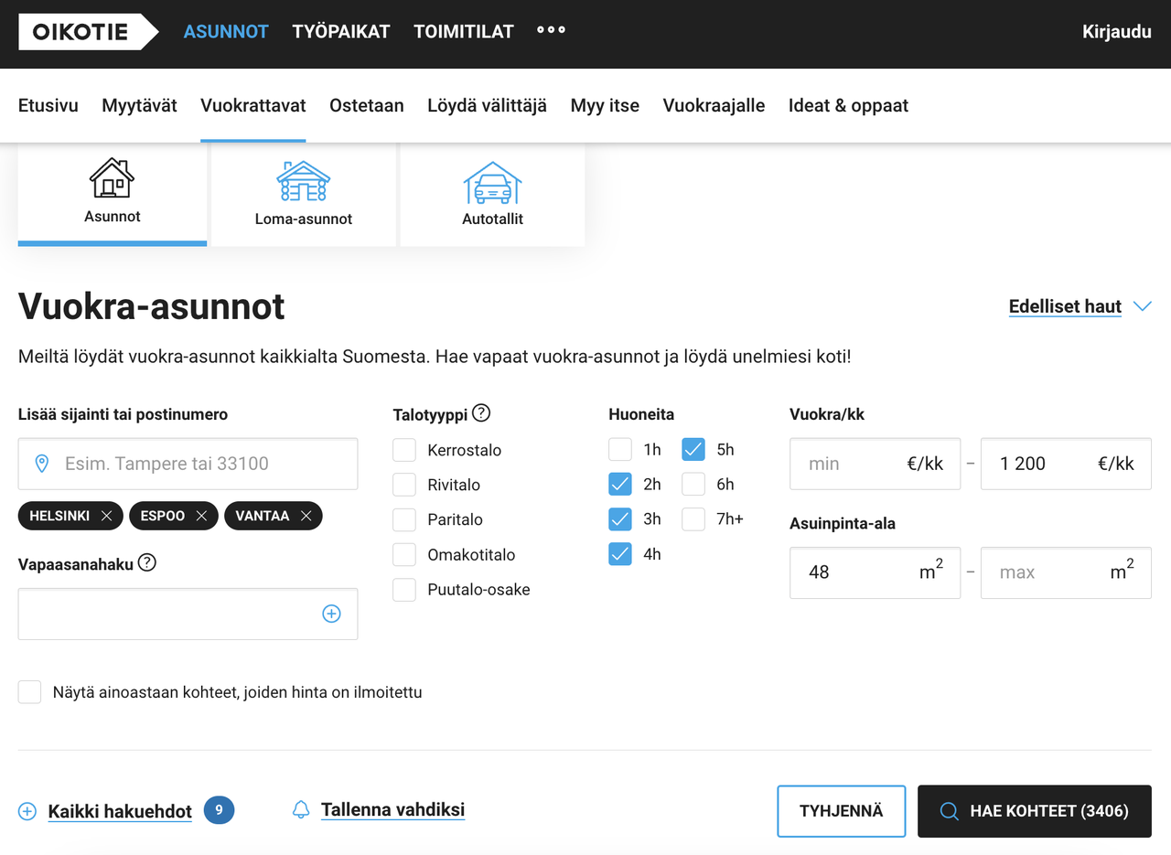 The homepage of the Finnish property search site Oikotie.