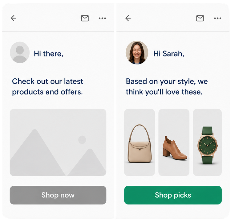 Two marketing emails shown side by side. One is personalised with the customer’s name and recently browsed products, while the other is a generic email with non-personalised content.