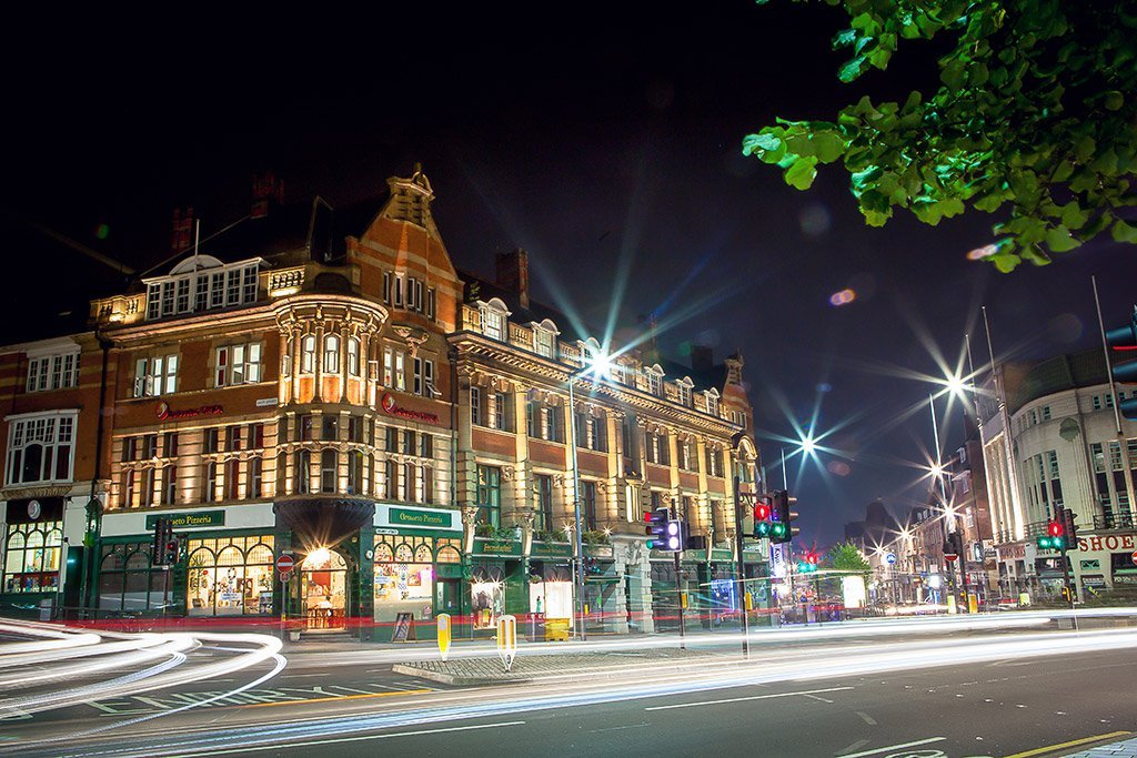 An exterior shot of Leicester's YMCA building at night