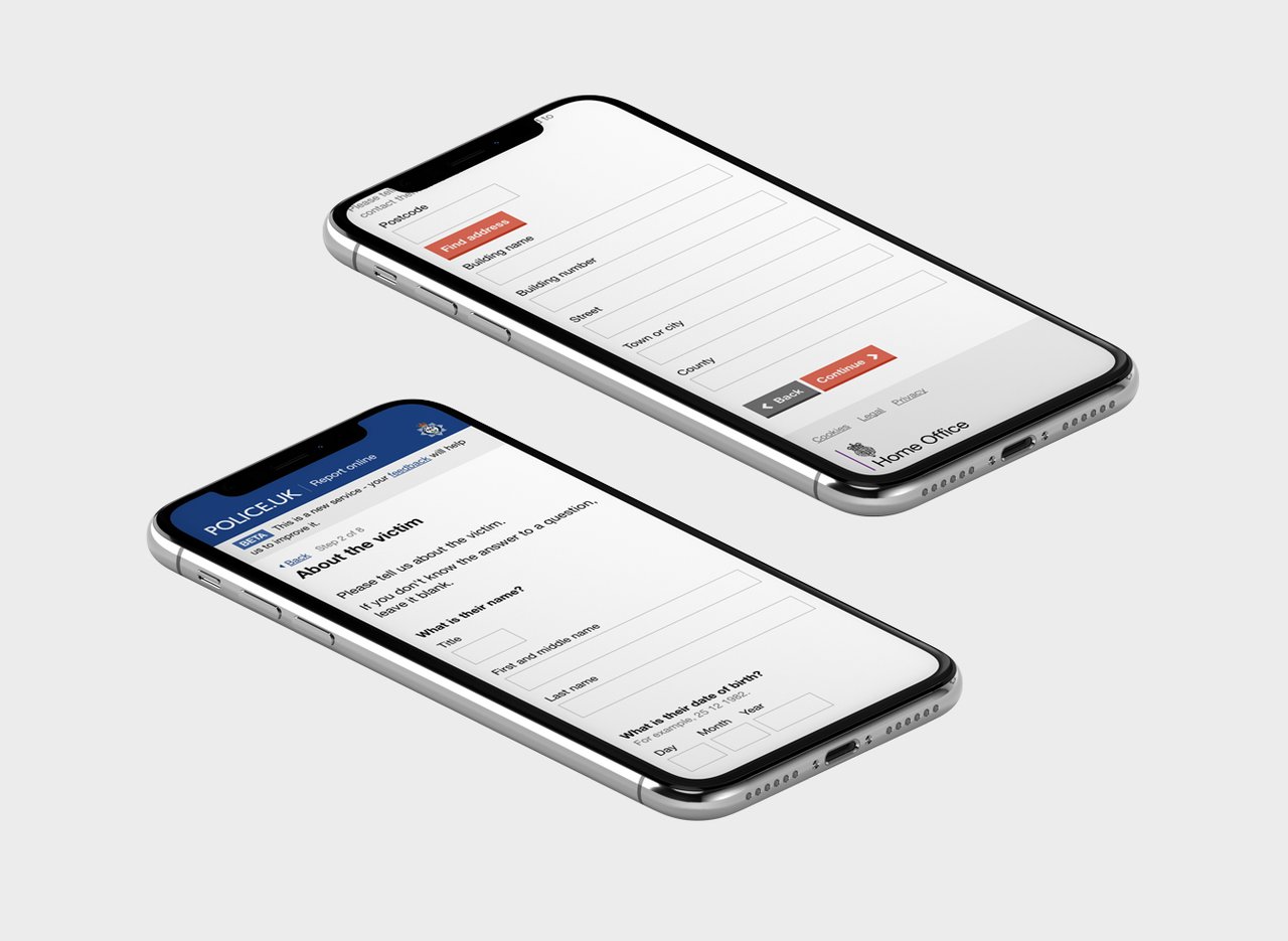 Two mobile devices displaying the police.uk platform