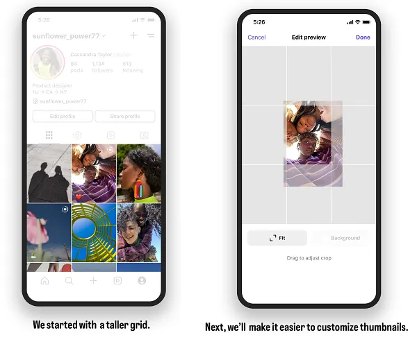 A screenshot of Instagram's new thumbnail editing functionality, which shows a user changing the size of an image to better suit their grid.