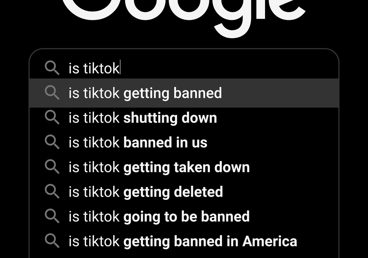 A Google search with a drop-down menu depicting suggested searches, all of which are variants of 'is tiktok being banned'