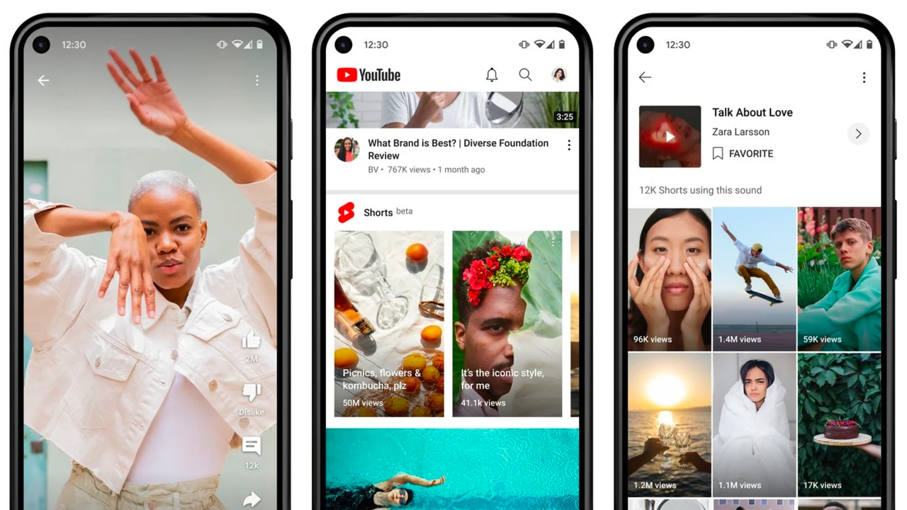 A screen showing different elements YouTube Short - video feed, how they display in the homescreen, how they display within a users profile